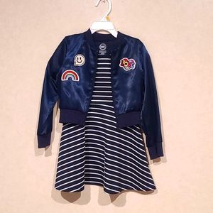 Cute navy an white stripped dress with bomber jacket. Size 4/5